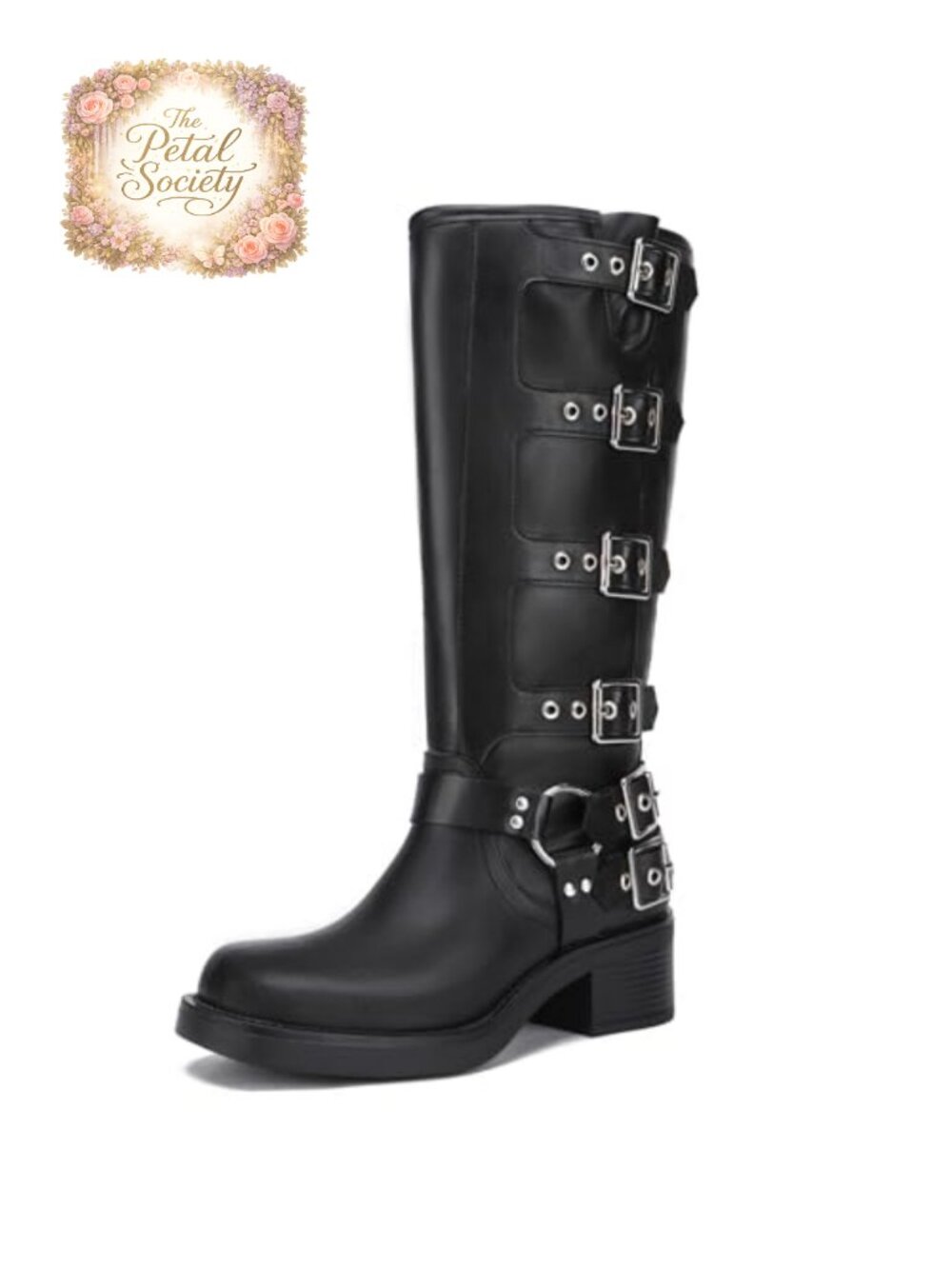 Women's Knee High Riding Boots Faux Leather Buckle Biker Chunky Heel
